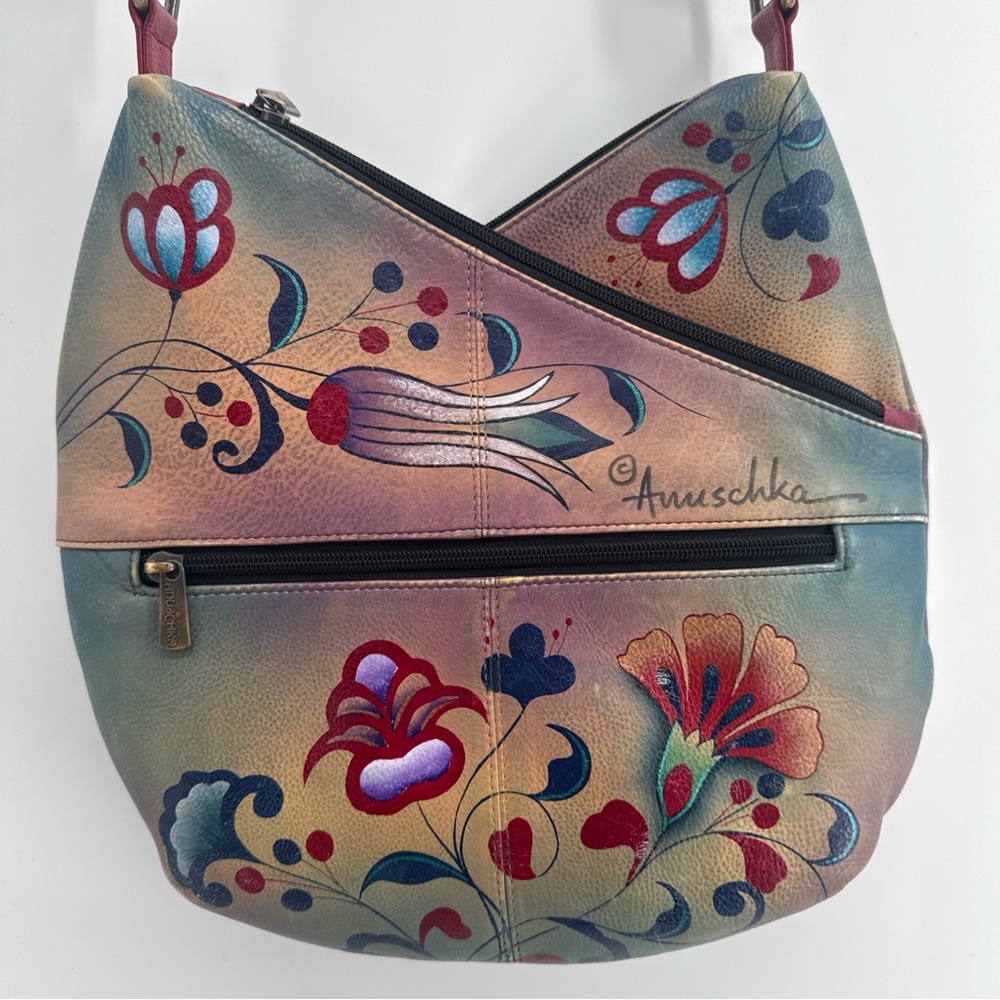 Anuschka Hand-Painted Floral Leather Shoulder Bag w/ compartments